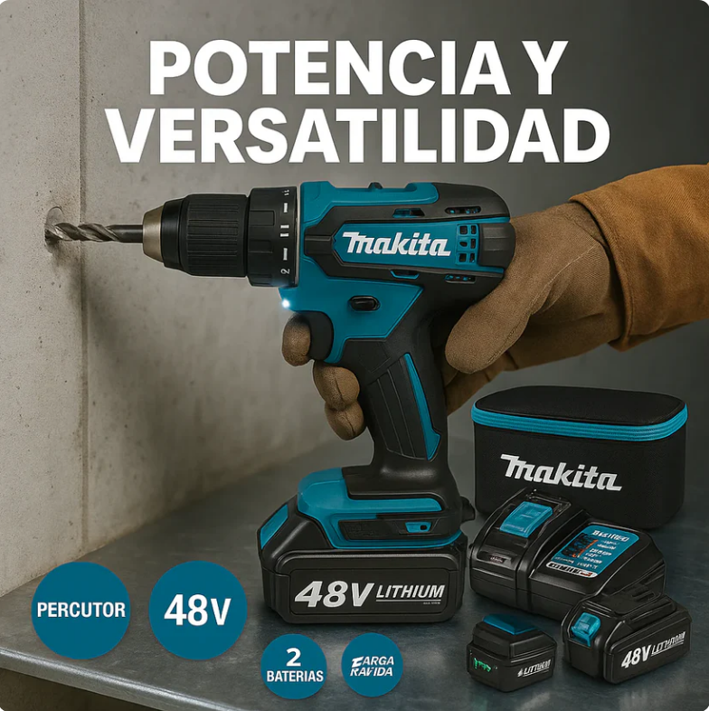 TALADRO INALÁMBRICO con PERCUTOR + 24 ACCESORIOS + 2 BATERIAS 48V