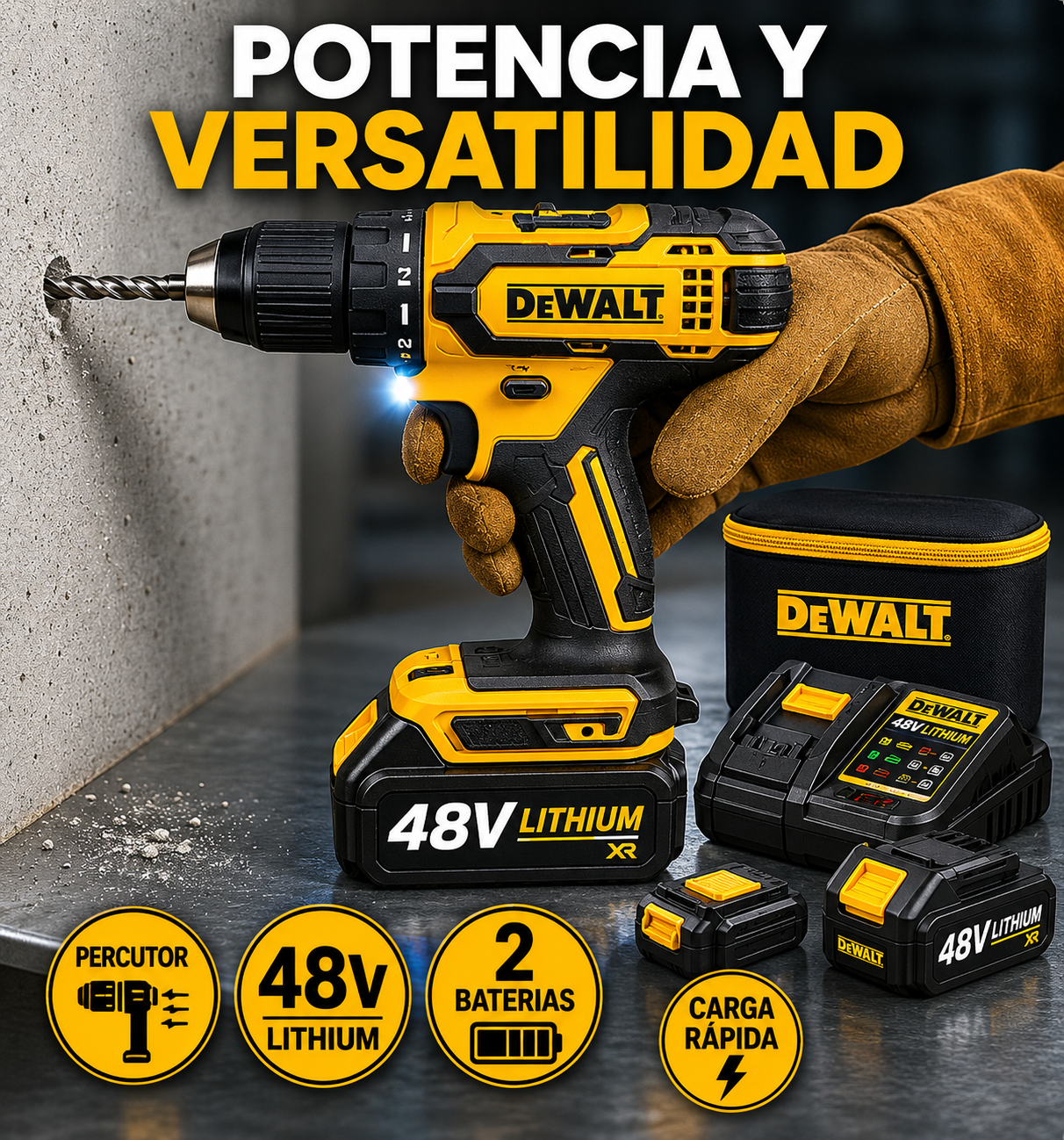 TALADRO INALÁMBRICO con PERCUTOR + 24 ACCESORIOS + 2 BATERIAS 48V