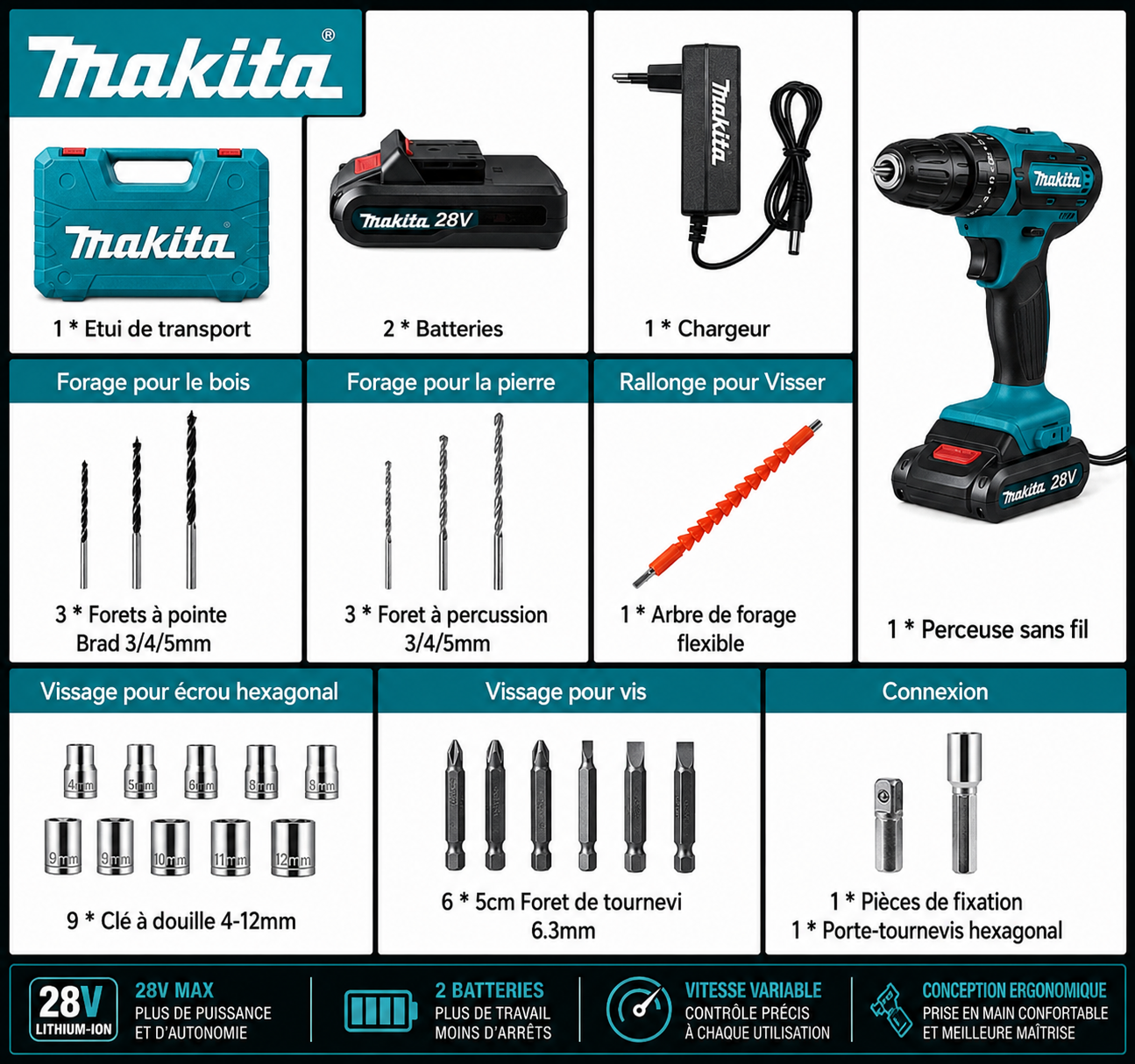TALADRO INALÁMBRICO con PERCUTOR + 24 ACCESORIOS + 2 BATERIAS 48V